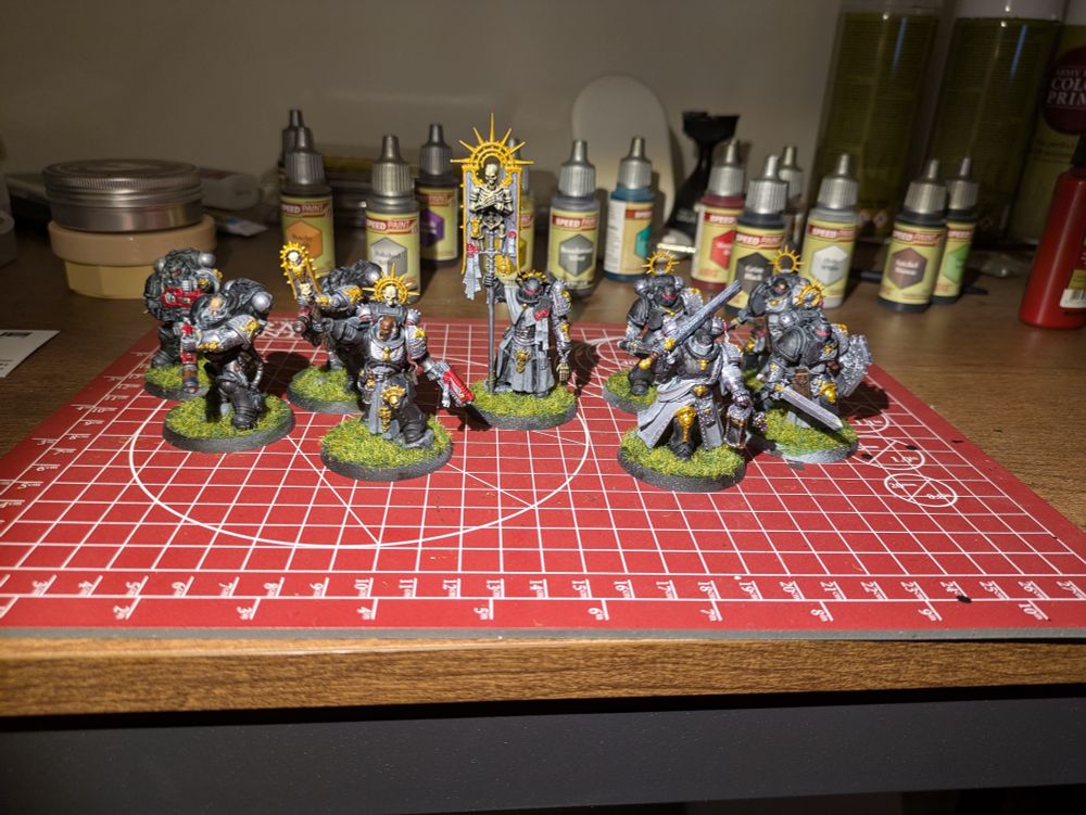 A group of nine Warhammer 40k space marines painted up as Deathwatch. On the left are three Eradicators. On the right are three Bladeguard Veterans. In the center is a Chaplain, a Bladeguard Ancient, and a Judiciar.