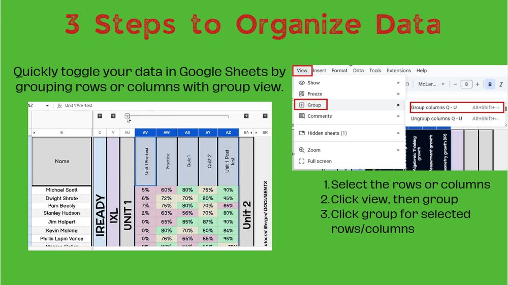 Picture of Google Sheets menu to turn on group view. Highlighted areas of the menu bar selecting the header "view" and the sub-header labeled "group" where you can select grouped colums
