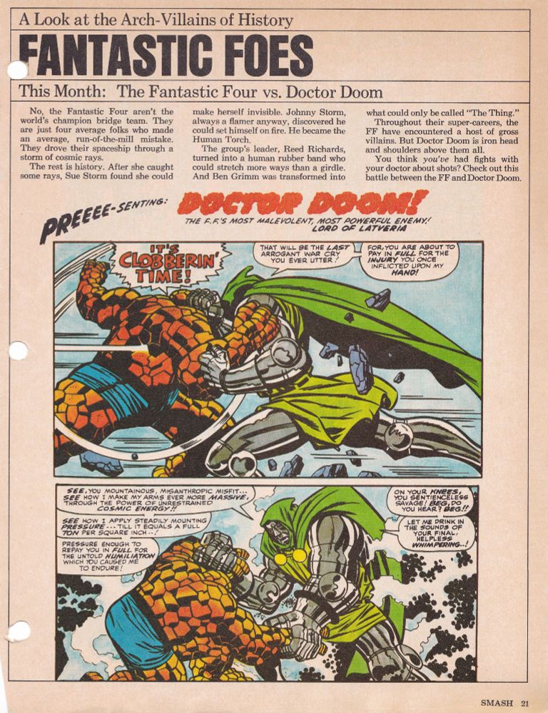 Intro. text and page from Fantastic Four 60, featuring Ben going toe-to-toe with Dr. Doom, whose arms are growing huuuuuuge!!