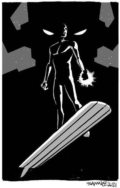 Silhouette of Galactus with the Surfer hovering in front.