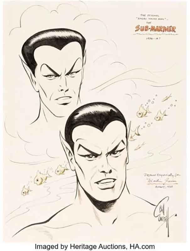 Two head sketches of Prince Namor - one with the angular head popularized in the Golden Age, the other a more streamlined Silver Age look.