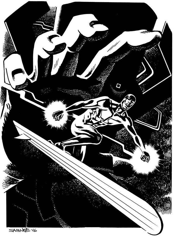 The Surfer going forth, with the hand of Galactus in the background.