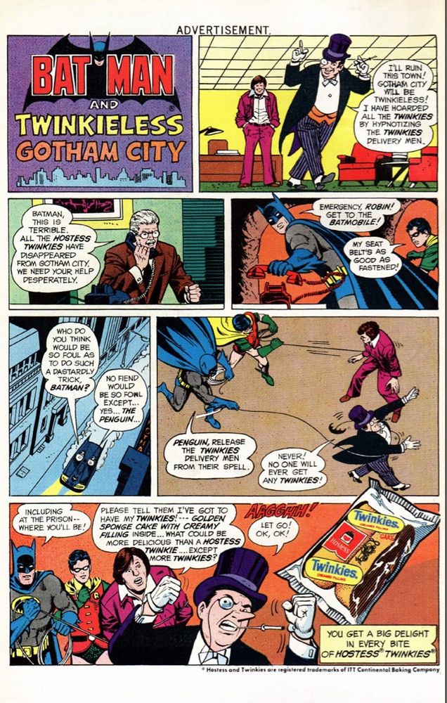 Batman and Robin vs. the Penguin in a Hostess Twinkies ad from 1975.