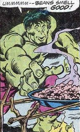 Hulk comes up to a campfire after smelling beans.
