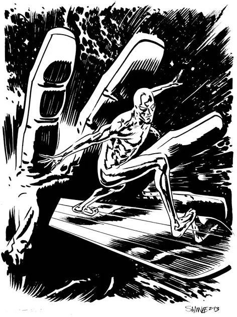 The Surfer going forth, with the hand of Galactus in the background. Similar to second image posted.