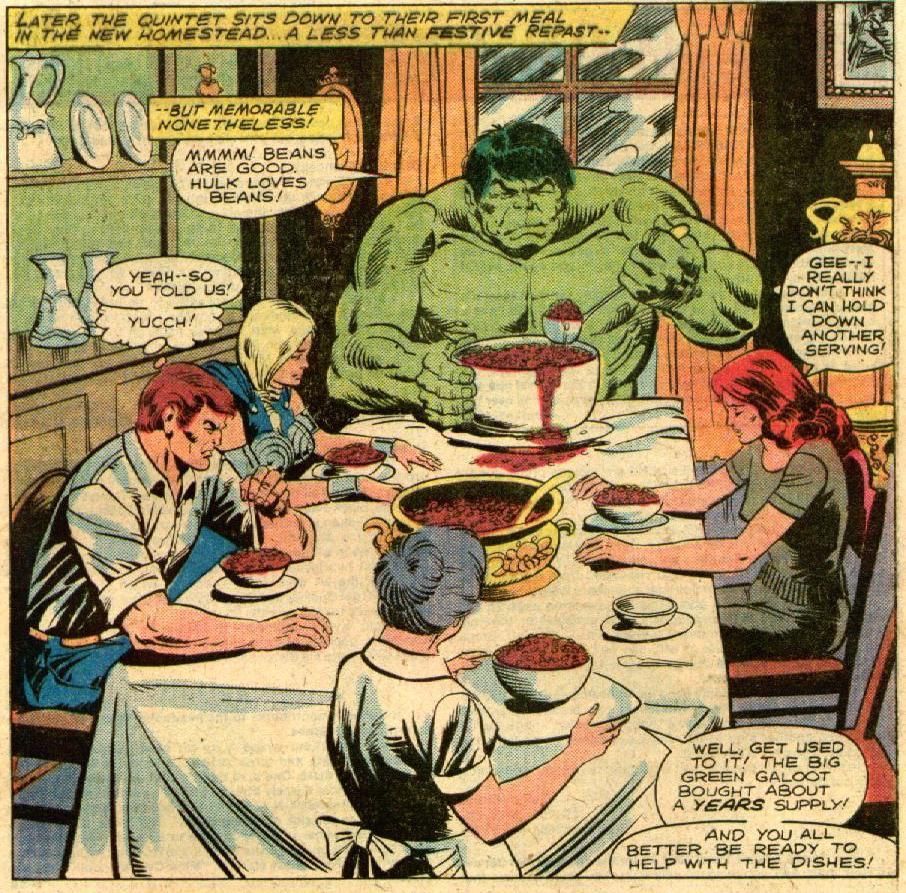 Hulk, Val, and others enjoy a large pot of beans.