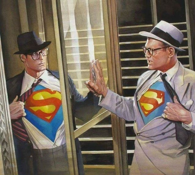 Mirror image of Christopher Reeve and George Reeves, both as Clark Kent, pulling their shirts open.