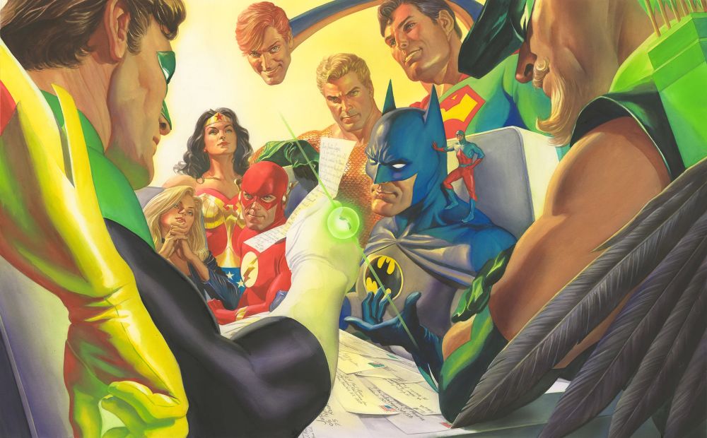 Red Tornado, Green Lantern, Black Canary, Wonder Woman, Flash, Aquaman, Elongated Man, Superman, Batman, Atom, Green Arrow, and Hawkman - checking out the fan mail.