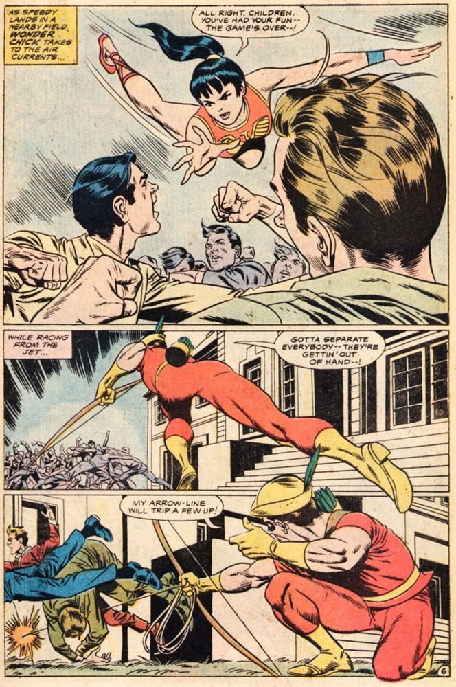 Wonder Girl and Speedy break up a brawl in a 3-panel action page.