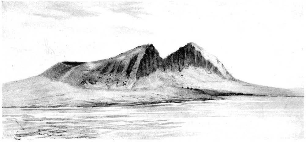 RANO RARAKU FROM THE SEA.

Title: The mystery of Easter island: the story of an expedition

Author: Katherine Routledge

Original publication: United Kingdom: Printed for the author by Hazell, Watson and Viney, 1919.

The composition features the island’s rugged volcanic formation rising from the shore, rendered in delicate grayscale tones. Two distinct peaks dominate the center of the image: the left slope descends smoothly toward the sea, while the right peak is more sharply defined, showing vertical rock faces and shadowed ridges that emphasize its steepness and texture.

The foreground suggests the calm surface of the sea, drawn in gentle horizontal strokes that contrast with the dark, angular shading of the mountainside. The sky is lightly toned, with minimal cloud detail, providing an open and atmospheric backdrop that enhances the sense of isolation and scale.

https://www.gutenberg.org/cache/epub/69807/pg69807-images.html#Page_124