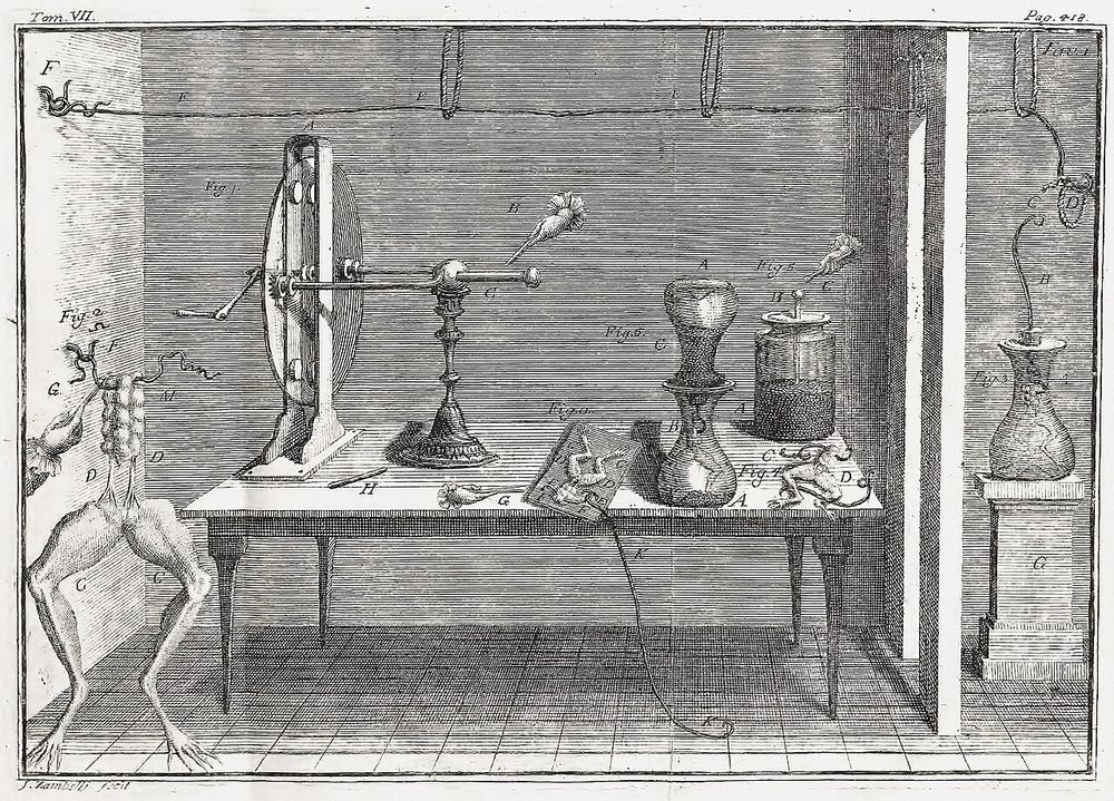 Luigi Galvani - De viribus electricitatis in motu musculari commentarius, Tav. 1

Luigi Galvani experiment on frogs legs.

In this 18th-century scientific engraving, Galvani demonstrates how electricity can cause muscular movement in a dissected frog’s legs. The scene typically shows frog limbs connected by metal wires to an electrical source or to a metal arc, producing visible contractions when the circuit is completed.

https://en.wikipedia.org/wiki/Luigi_Galvani#/media/File:Luigi_Galvani_Experiment.jpeg