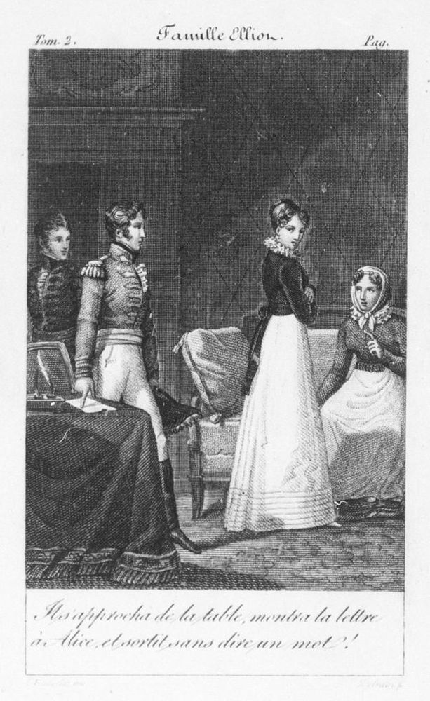Frontispice du livre : La Famille Elliot de Jane Austen tome 2 1828 - Paris - Arthus Bertrand. The image shows an interior scene, carefully composed with elegant figures in Regency/Empire dress. At the center stands a young woman (likely Anne Elliot), rendered with graceful posture and modest demeanor, her gown falling in long, flowing lines. She is engaged in conversation with a gentleman, perhaps Captain Wentworth, whose stance conveys attentiveness and deference. https://commons.wikimedia.org/wiki/Category:Persuasion_by_Jane_Austen#/media/File:Austen_La_Famille_Elliot_Frontispice_T2.jpg