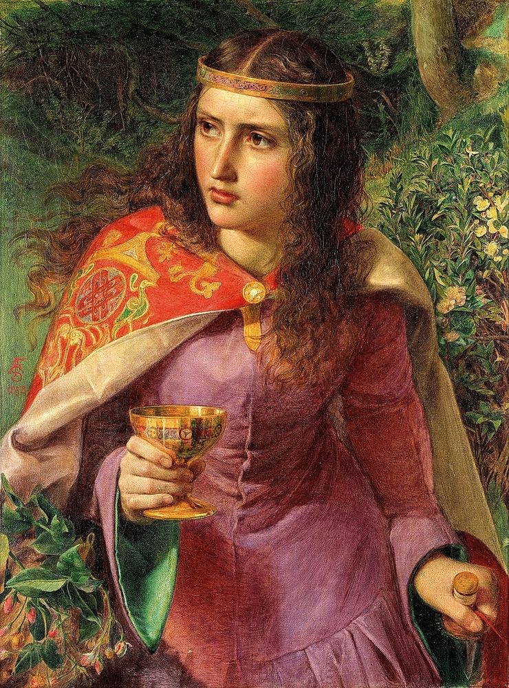 Queen Eleanor by Frederick Sandys, 1858 National Museum Cardiff. A disciple of Rossetti, Sandys specialised in half-length figures of beautiful but often destructive women. His meticulous attention to detail is typical of the Pre-Raphaelite school. Queen Eleanor of Aquitaine (c.1122–1204), the wife of the English King Henry II, was reputed to have murdered his mistress, Fair Rosamund, and appears here with a poisoned cup and dagger. The red cord in her left hand is that which showed the way through the maze to Rosamund's bower. https://en.wikipedia.org/wiki/Eleanor_of_Aquitaine#/media/File:Queen_Eleanor_(Frederick_Sandys,_1858).jpg