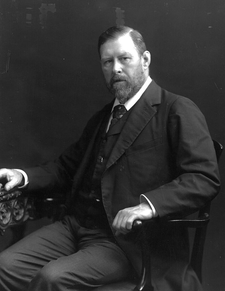 Bram Stoker (1847-1912), novelist born in Ireland, author of "Dracula",  1906.

Stoker is seated, dressed formally in a dark three-piece suit with a waistcoat and tie. He has neatly groomed hair and a full beard, and his expression is calm yet serious.

https://en.wikipedia.org/wiki/Bram_Stoker#/media/File:Bram_Stoker_1906.jpg