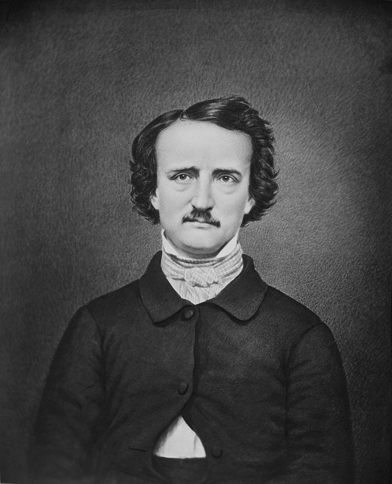 Poe depicted in a modern retouched version from the “Ultima Thule” daguerreotype.

Poe’s face is sharply defined with strong lighting emphasizing his cheekbones, deep-set eyes, and somber expression.

His hair frames his face, slightly tousled, and he has a mustache characteristic of his known appearance.

He wears a dark coat or jacket, with a white shirt or cravat visible at the neck.

https://en.wikipedia.org/wiki/Edgar_Allan_Poe#/media/File:Edgar_A._Poe_-_NARA_-_528345_(cropped).jpg