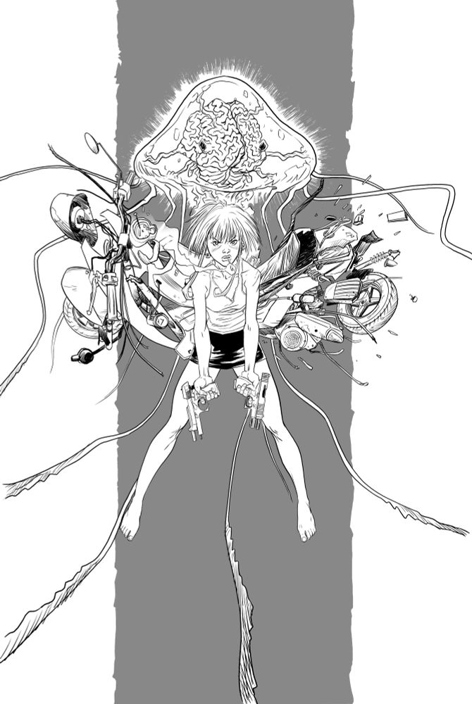 Girl with guns and a bike exploding behind her. Behind that, a jelly fish with a brain is flailing its tentacles.