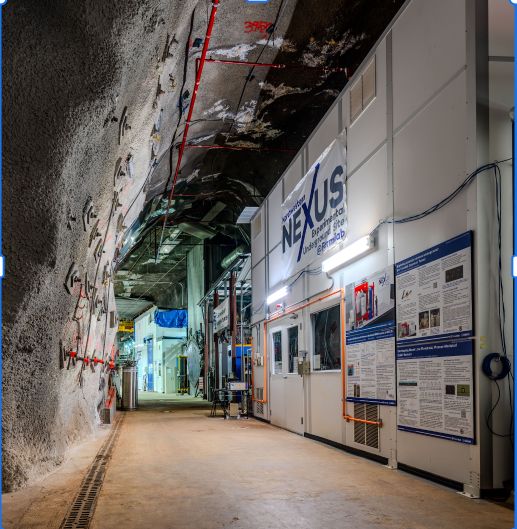 An underground cavern with excavated, vaulted walls and ceiling of rock covered in shot-crete. At right, an incongruous room with regular white walls, a double-door, and windows. The exterior of the room is covered with academic posters. A banner above the doors reads "NEXUS: Northwestern EXperimental Underground Site"