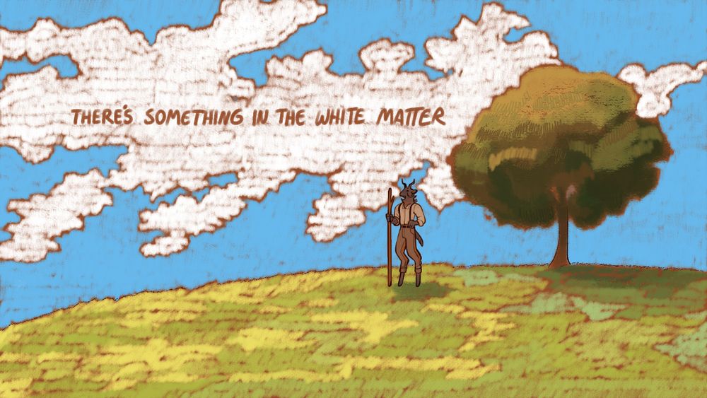 Pickman stands on a hilltop looking out across the fields. She holds a walking stick in her right hand. Text reads: There's something in the white matter.