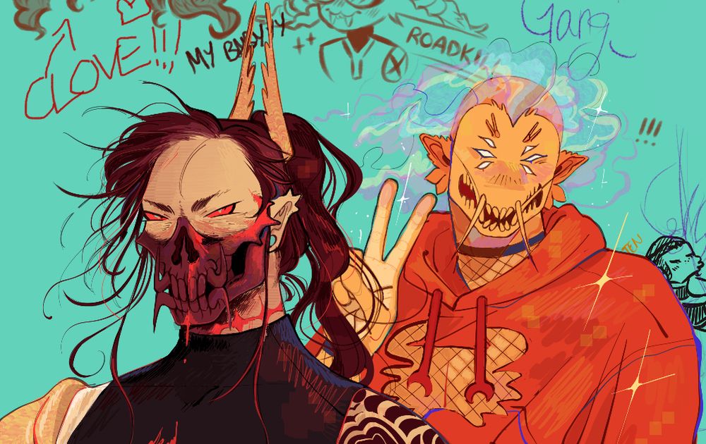 Digital illustrations in Magma of Nagomi Mcdaniel and Sutton Dreamy from Blaseball. Nagomi is drawn from the shoulders up. Blood drips from their nose. Dreamy is drawn from the chest up and is giving a peace sign to the camera.