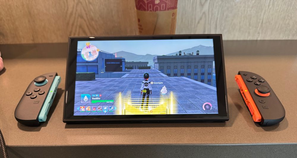 My Switch 2 on an airport table with the Joy-cons disconnected