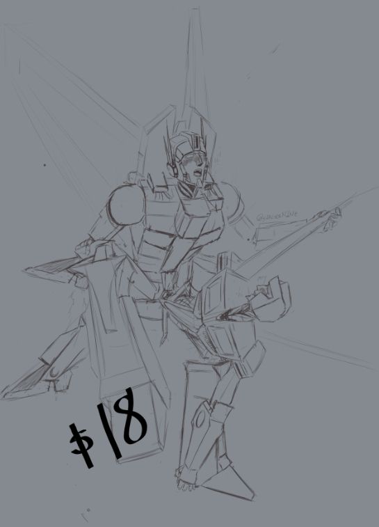 IDW Skyfire and IDW Starscream scissoring in a gray background, no colors.
Sketchy style, no rendering or colors. If you want a commission like this it would be $18