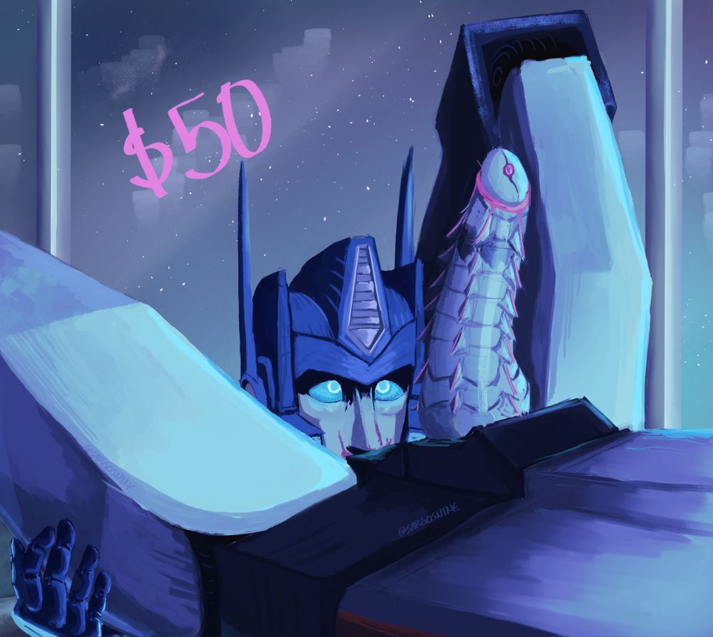 Optimus staring at Megatron's spike eating him out in front of a starry sky night.
High rendered art piece, if you want a commission like it, it would be $50 