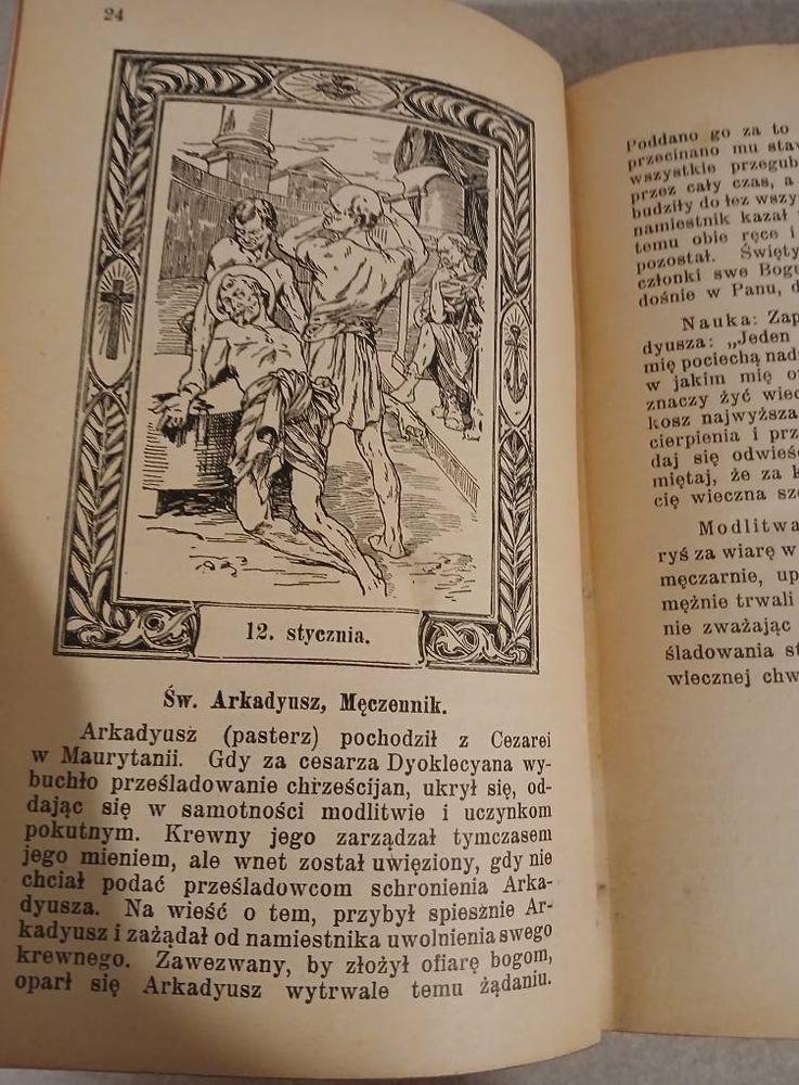 Artwork from inside the book of one of the many saints listed.