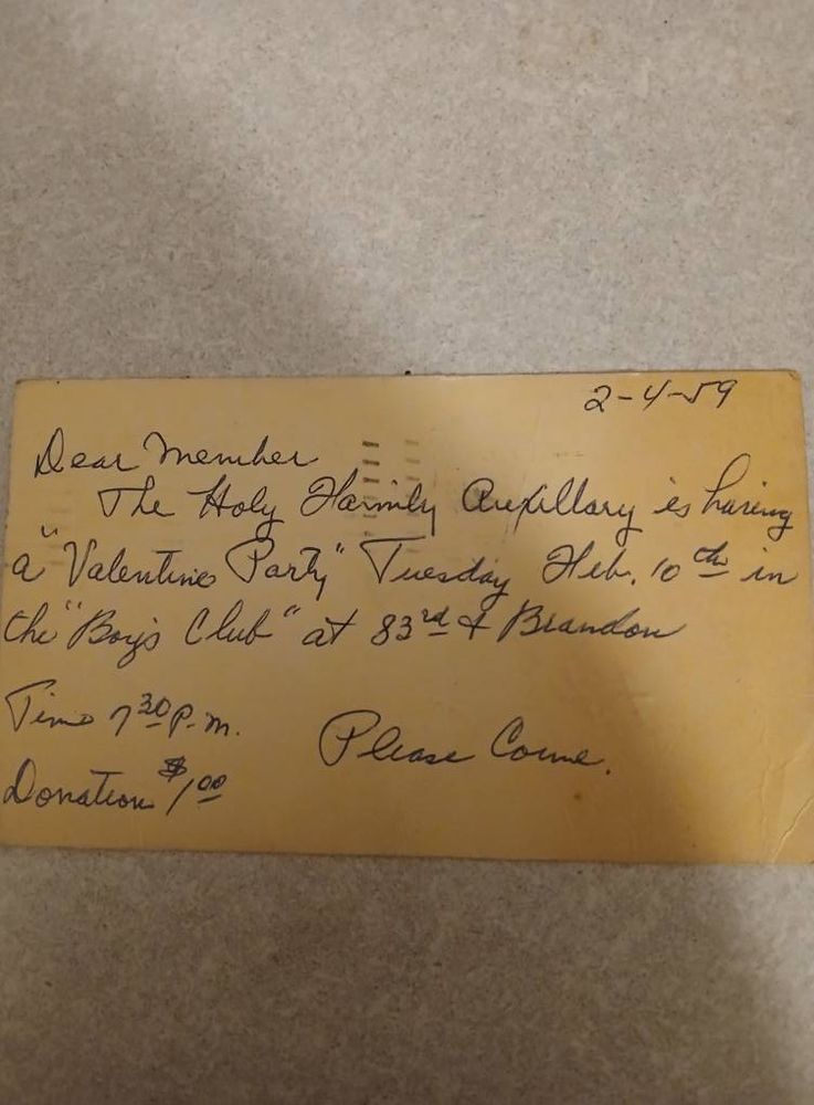Backside of postcard invited the recipient to a Valentines Party. 