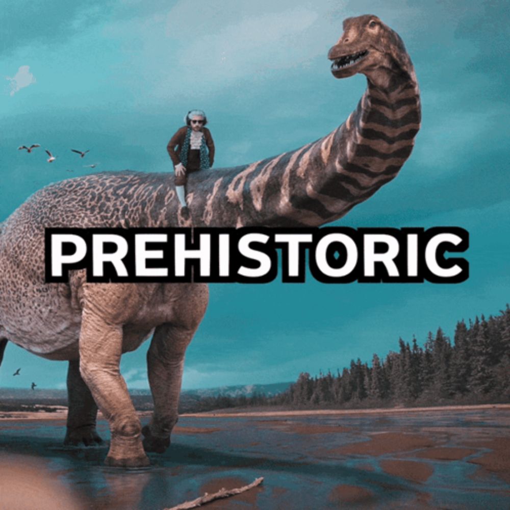 a picture of a man riding on the back of a dinosaur with the word prehistoric below it