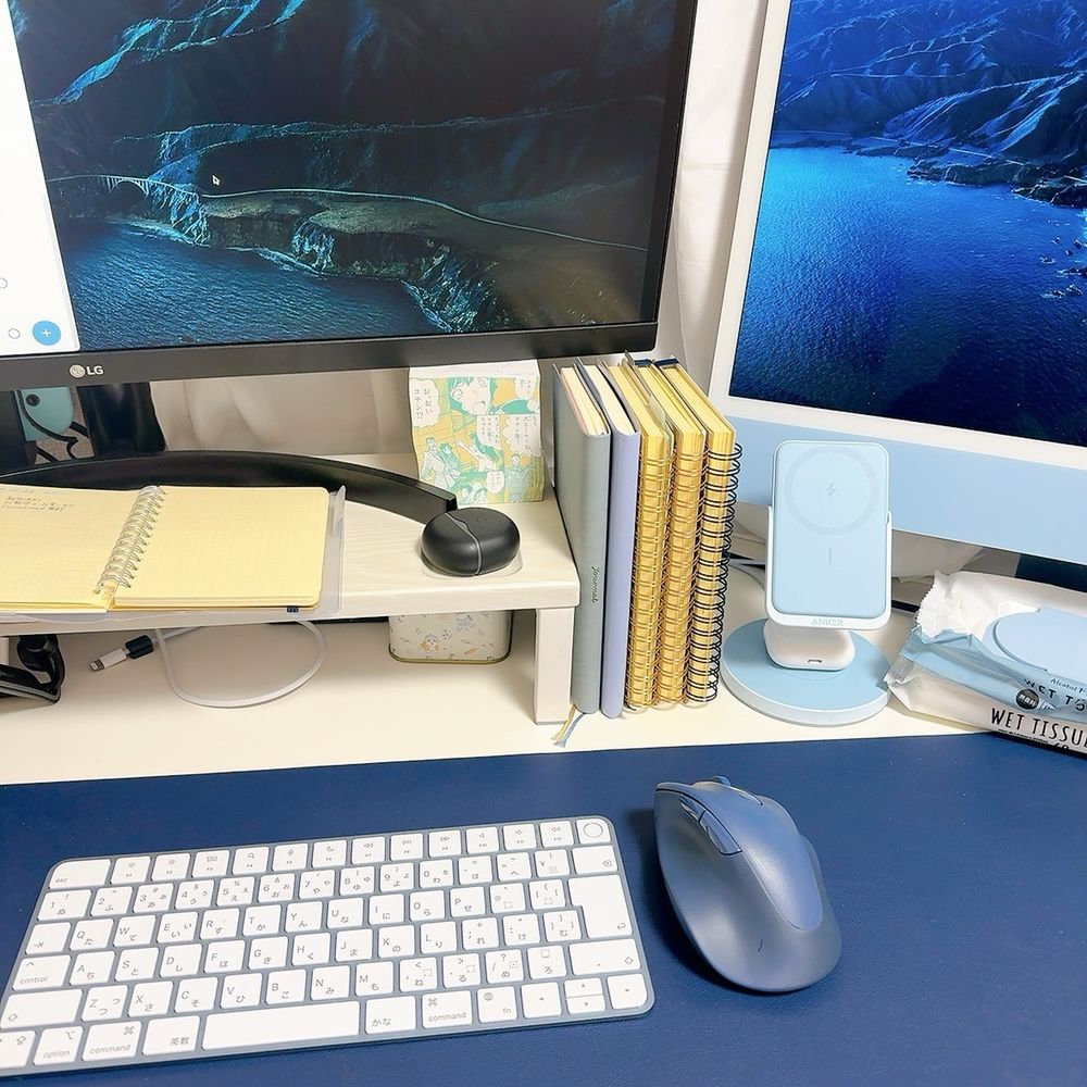 2枚のモニターの間のスペースに、5冊の手帳ノートが立てて並べられている
