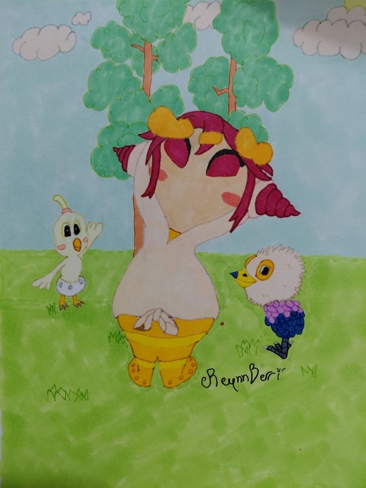 Susie Haltmann in a Kasane Teto color palette doing the Birdbrain dance in a grass field, next to a chick from Billy Hatcher and a Downy Snagret