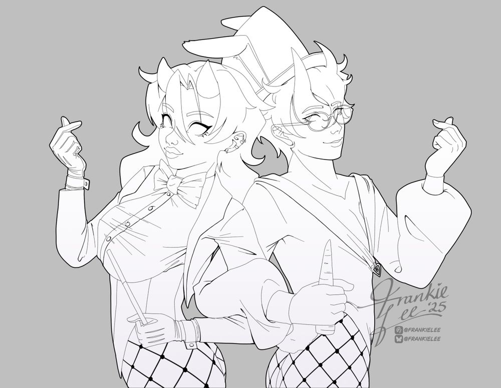 Digital lineart of Chaos and Berny, they're both demon vtubers. They're back to back, arms hooked together with their free hands doing the Korean Finger Heart pose. Chaos wears a magicians outfit with a wand, while Berny wears a bunny outfit with top hat and ears while holding a carrot.