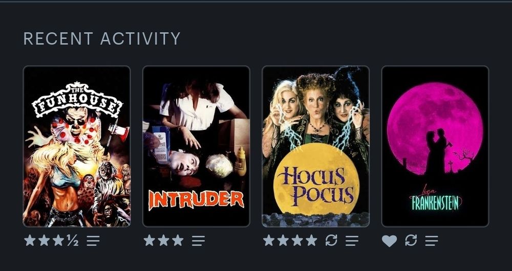 Recent Activity from Letterboxd:
The Funhouse, Intruder, Hocus Pocus and Lisa Frankenstein 