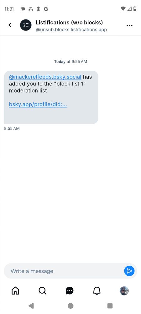 Screen shot of message indicating I have been added to "block list 1"moderation list by macrelfeeds.bsky.social 