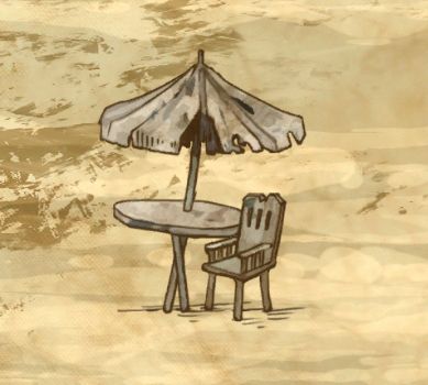The image is a tiny screen grab of the map of Canto 8 from the newest update of Limbus Company. The screenshot depicts a worn down deck table with a tattered umbrella next to a beat up lawn chair. They are in the middle of a barren desert.