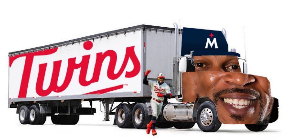 A twins semi truck with Byron Buxton’s face. Byron Buxton is pumping his fist running along side the truck