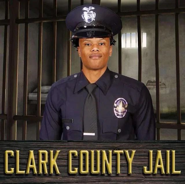 Jaylen Clark in a cop uniform with the text CLARK COUNTY JAIL