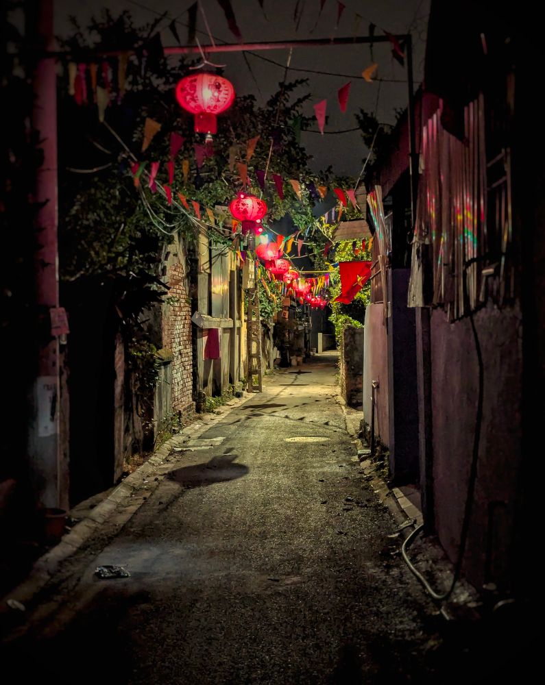 A residential alleyway on the outskirts of Hanoi at night. We stand at the darkened end of the alley looking down its very gentle curve to the right. Red lanterns hang along the center of the alley, every so slightly overlapping in our line of sight as they get farther away. Their faint illumination shade the concrete walls on either side in a glancing red. A single Vietnamese flag extends out from the right halfway down. Multicolored banners crisscross overhead and cast corresponding shadows upon the narrow asphalt.