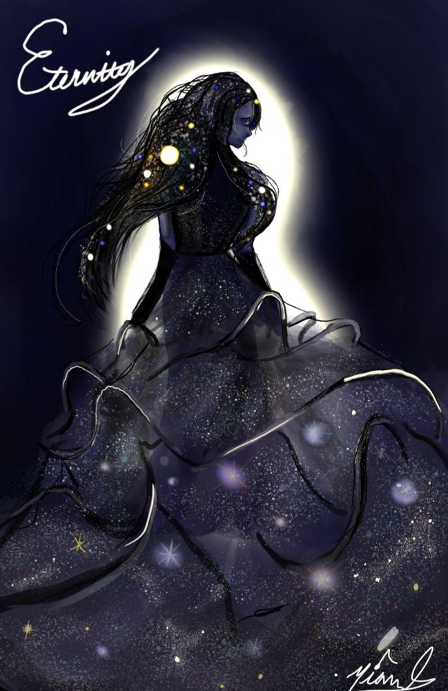 Digital art of a woman dressed in a dress made of stars, with her long black hair holding galaxies. She appears as some celestial being