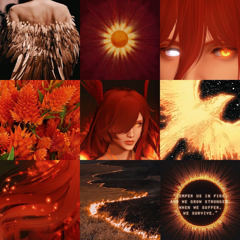 A moodboard consisting of motifs for Atlas.
Top row, left to right: Clothes, Color, Eyes
Second row: Flower, OC, Animal
Bottom row: Hair, Space, Quote
