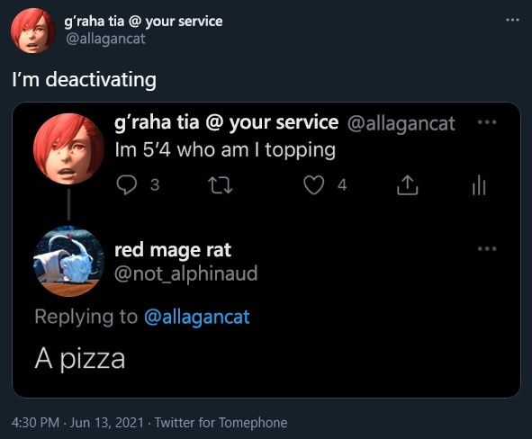 An edit of a quote retweet of G'raha saying he's deactivating his account.

G'raha: I'm 5'4 who am I topping
Alisaie: A pizza