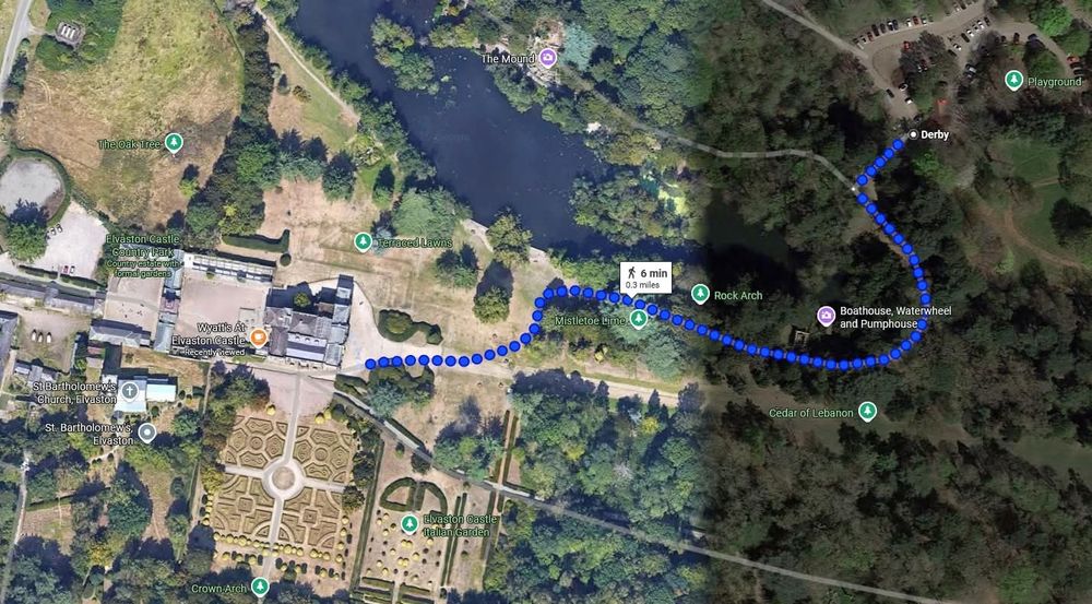 Satellite view of Elvaston Castle showing the path to the castle. 
