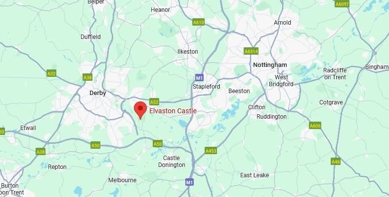 Map showing Elvaston Castle in relation to Derby and Nottingham. 