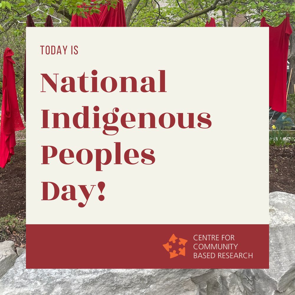 The text "Today is National Indigenous People's Day!" and the CCBR logo sits in a square. Behind the square is a photo of red dresses hanging from trees taken at Conrad Grebel campus in May 2025.