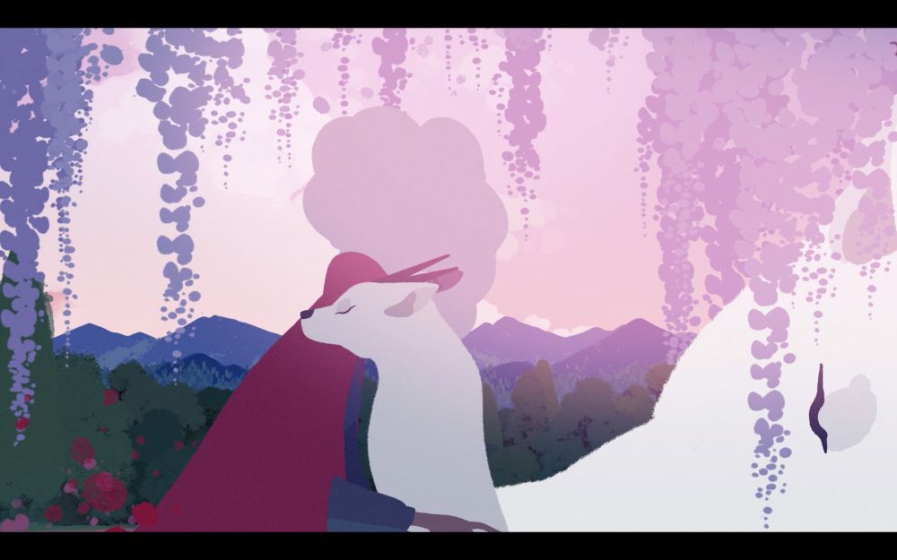 Screenshot from the intro of Neva, showing the main character hugging Neva against a beautiful watercolor backdrop of mountains, with wisteria blossoms in the foreground