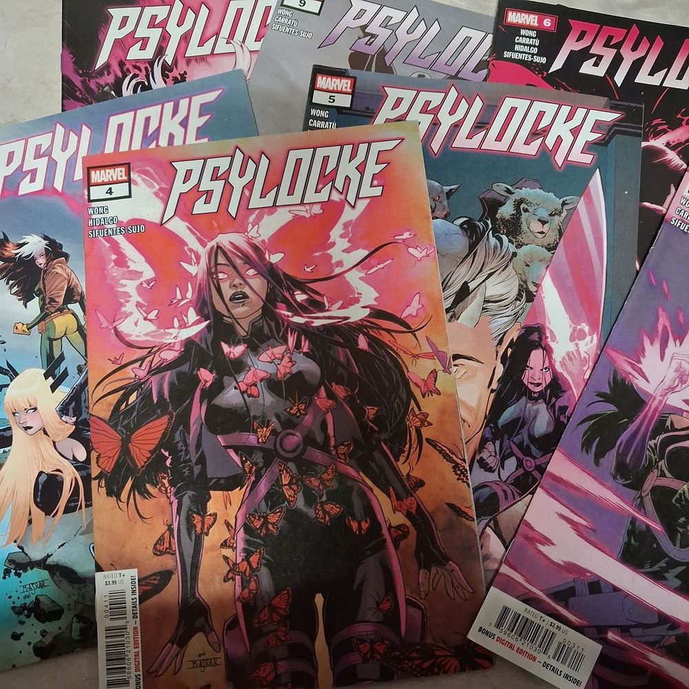 The image shows a collection of Marvel comic books titled "Psylocke." There are at least five issues visible, with issue numbers 4, 5, 6, and 9 being clearly identifiable. The comic books are stacked on top of each other, partially overlapping, creating a layered effect. The predominant color scheme of the covers includes shades of pink, purple, and blue, contributing to a vibrant and dynamic visual appeal. The cover of issue #4 prominently features the character Psylocke, adorned with butterfly-like energy effects. Issue #6 depicts a scene with sheep-like characters with human bodies. Each cover prominently displays the comic title "Psylocke" in large, stylized lettering. The names of the creators, including "Wong," "Carratu," "Hidalgo," and "Sifuentes-Sujo" are credited on each cover, indicating the collaborative effort behind the comic series. The comic books have a price tag of $3.99 and bear the label "Rated T+", indicating the suitability for teen and older audiences. "Bonus Digital Edition - Details Inside!" is printed on a rectangular white box with a barcode.