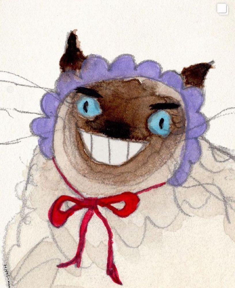 a painting of a siamese cat smiling deranged wearing a purple bonnet