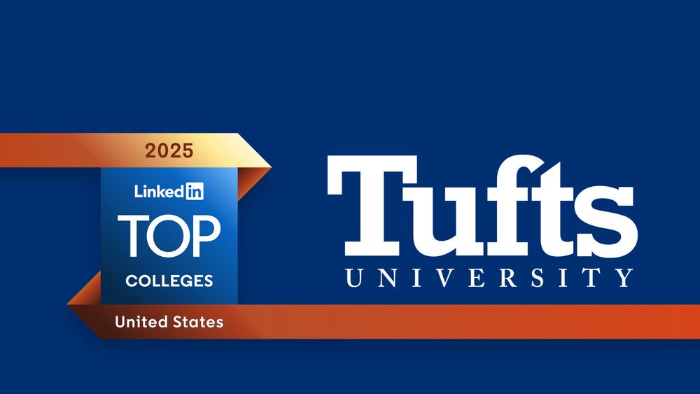 LinkedIn badge that reads 2025 LinkedIn Top Colleges United States next to the Tufts University logo, on a blue background. 