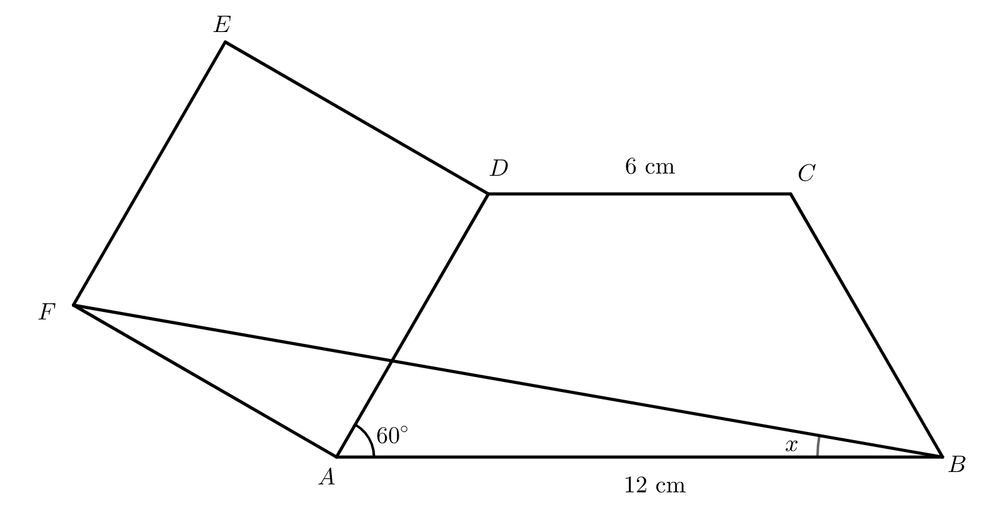An isosceles trapezium ABCE with parallel sides AB=12cm and DC=6cm, and angle DAB=60°. A square ADEF is joined on the the side. Angle FBA is marked as x