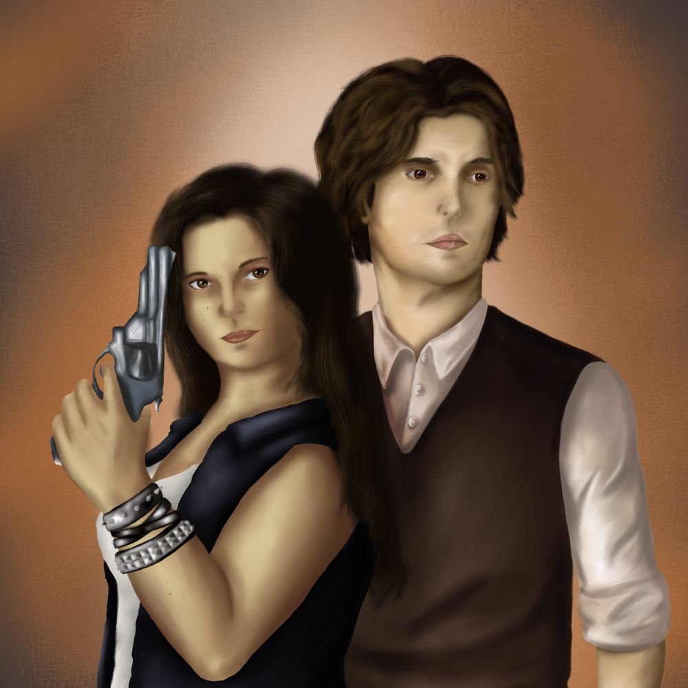 Two figures stand side by side, a heavy-set female just in front of a taller, slimmer man on a crosshatched background in shades of orange.

The woman has long, thick brown hair and brown eyes with a few moles scattered across her skin and a scar on the top left of her lip. She is holding a pistol pointed to the air in a casual pose while looking into the camera with a smirk, and wears a dark blue denim vest on top of a white vest. Her skin is a slightly tanned olive and she has several studded leather bracelets on her visible wrist.

The man has medium length wavy brown hair a little lighter than the woman, and brown eyes also. He stands in a casual pose gazing into the distant right of the frame. He wears a brown jumper vest on top of a white button-up shirt with the sleeve rolled up. His skin is pale olive.